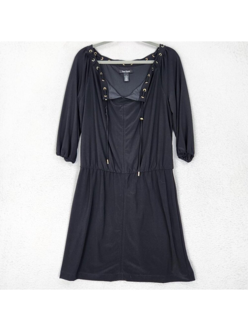 WHBM Dress Womens Medium Black Blouson Lace Up V Neck Knee Length Casual